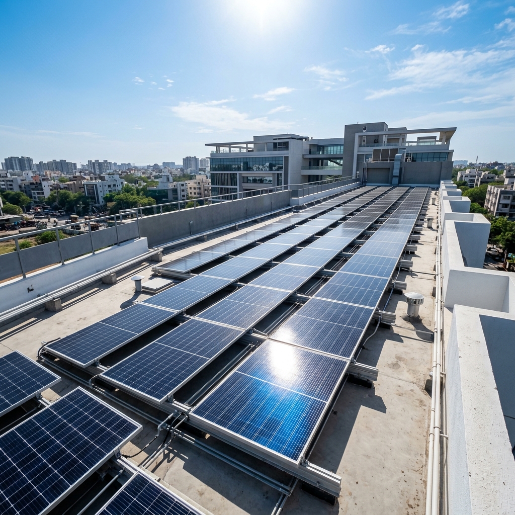 Rooftop solar panels on a modern commercial office building in India