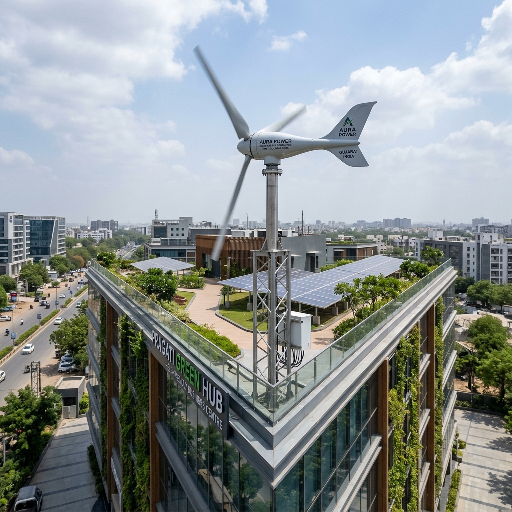 Modern small-scale rooftop wind turbine installed on a green business hub in Gujarat